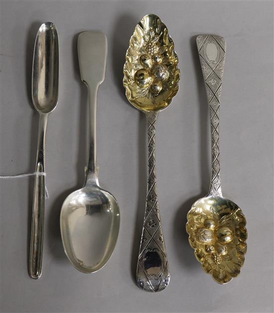 A George II silver marrow scoop, London 1740, a pair of silver berry spoons (later embossed) and a tablespoon (4)